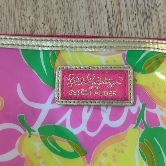 Lilly Pulitzer for Estee Lauder pink and yellow lemons zippered pouch cosmetic b - Picture 2 of 5